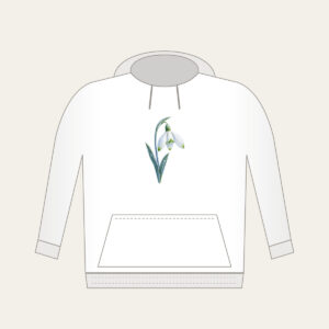 Frosted Snowdrop Blossom Hoodie in white: A snowdrop flower with white petals, green tips and a pale blue stem, drawn with a delicate frost texture.