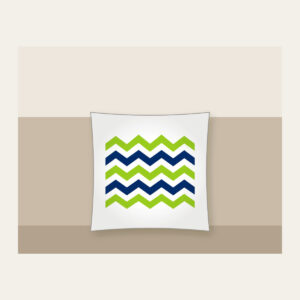 Lime and Navy Zigzag Bands Pillow in white: Bold zigzag bands in lime, white and navy sweep across the artwork.