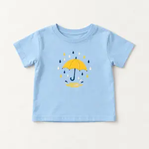 Light Blue Raindrop Toddler Tee with compact front chest panel print of a yellow umbrella with a ring of small raindrops and one puddle in yellow, navy and cream