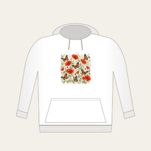 Butterflies Among Poppies Hoodie in white: Orange-and-black butterflies drift between poppies and tall grasses on a cream ground.