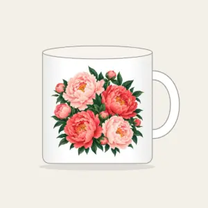 Big Peonies on Deep Green Mug in white: Large peonies in blush and coral with leaves on a dark green ground.