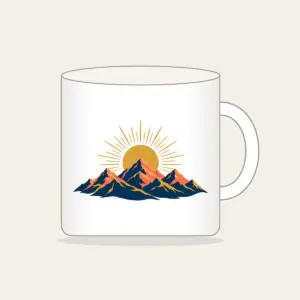 Mountain Range with a Golden Sunrise Disc Mug in white: A mountain range at sunrise with a golden sun disc at the center in navy, coral and gold.