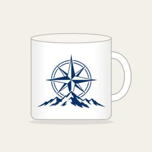Compass Rose over a Ridge Line Mug in white: A compass rose rests over a simple ridge line in navy and white.