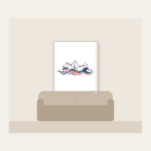 Folded Paper Boat on Navy Waves Fleece Blanket in white: A folded paper boat on fine-lined waves in navy and coral.