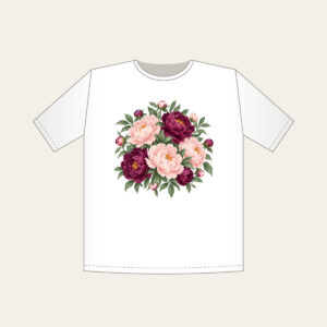 Blush and Plum Peony Garden T-Shirt in white: Peonies and leaves in blush, plum and sage fill the artwork edge to edge.