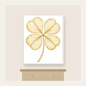 Four-Leaf Clover Botanical Plate Canvas Print in white: A four-leaf clover with its roots, drawn in cream and gold line art in the style of a botanical plate.