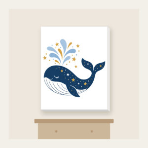 Starry Whale with Water Spout Canvas Print in white: A friendly whale lifts a spout of water among tiny white and gold stars.