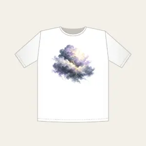 Storm Clouds with Gold Lightning T-Shirt in white: Gentle storm clouds in slate, lavender and cream, split by one thin gold lightning line.