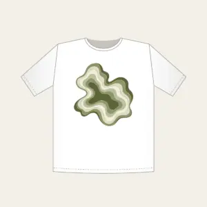 Moss Contour Lines with a Gold Thread T-Shirt in white: Moss contour lines in olive, sage and cream are traced with one thin gold line.