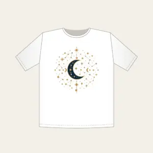 Gilded Constellations and Crescent Moons T-Shirt in white: Cream and gold constellations and crescent moons drift across a deep navy sky.