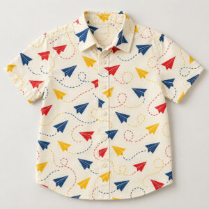 Paper Plane Youth Button-Down Shirt with paper planes and dotted flight paths in navy, red and yellow on cream