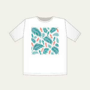 Palm Shadows and Tiny Surfboards T-Shirt in white: Palm-leaf shadows and tiny surfboards in teal and coral on cream.
