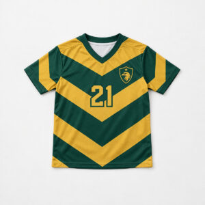 Gridiron Chevron Kids Football Jersey with chevron stripes in forest green and gold with a small crest on the chest and number "21"