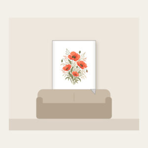 Poppies and Fine Grasses Illustration Fleece Blanket in white: Poppies and fine grasses drawn in coral and olive on a cream ground.