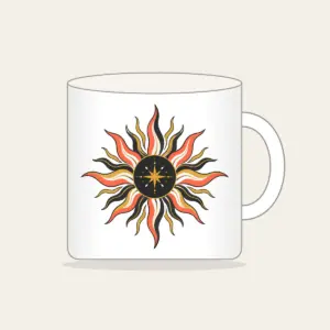 Sunburst Lines on Charcoal with a Small Star Mug in white: Sun lines in coral, gold and white radiate across a charcoal ground, with one small star set off to one side.