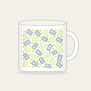 Tennis Court Lines Mug in white: Court lines and tiny tennis balls in lime, white and navy.