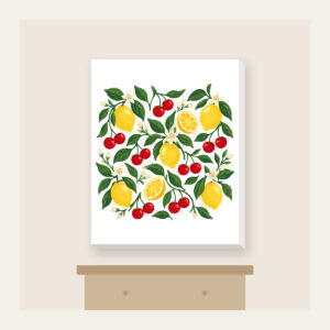 Cherry and Lemon Orchard Pattern Canvas Print in white: Cherries, lemons and leaves in red, yellow and green scattered across a cream field.