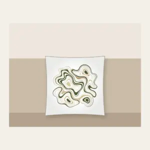 Moss and Sand Contour Lines Pillow in white: Flowing contour lines in moss, sand and cream trace the shape of a quiet landscape.
