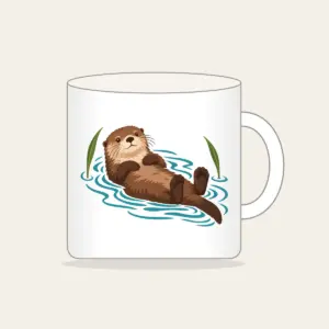 Floating Otter on Teal Ripples Mug in white: A cocoa-brown otter floats on its back in teal ripple lines beside two reed leaves.