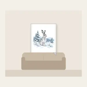 Hare in a Snowy Field with Pines Fleece Blanket in white: A hare pauses in a snowy field among pines in white, grey and ice blue.