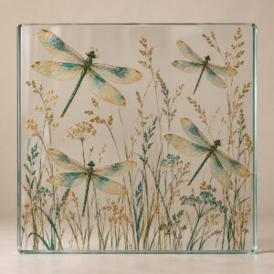 Dragonfly Meadow Vinyl Decal with flat printed dragonflies in teal and gold over fine meadow grasses on a transparent ground
