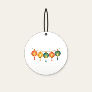 Five Glowing Paper Lanterns Ceramic Ornament in white: A string of five paper lanterns in coral, gold and teal glows against a dark ground.