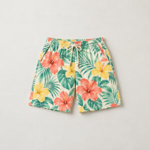 Tropic Sorbet All-Over Hawaiian Shorts with all-over hibiscus and palm leaves in coral, mint and lemon on cream