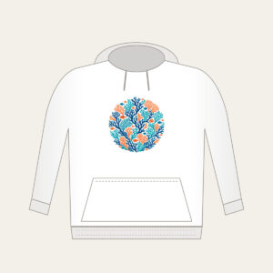 Branching Coral and Tiny Fish on Deep Blue Hoodie in white: Branching coral and small fish in teal and orange swim across a deep blue background.