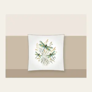Dragonflies over Meadow Grasses Pillow in white: Teal and gold dragonflies hover over fine meadow grasses.