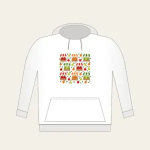 Fruit Crates and Striped Awnings Hoodie in white: Crates of apples, oranges and pears under striped awnings in red, orange and green on cream, balanced for little ones.