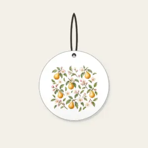 Golden Pears and Blush Blossoms Ceramic Ornament in white: Small golden pears, blush blossoms and sage leaves scatter across an airy white ground.