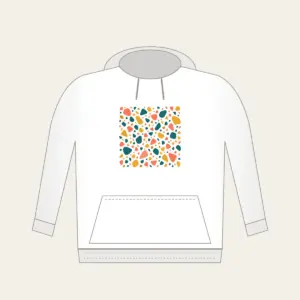 Coral, Teal and Mustard Terrazzo Pebbles Hoodie in white: All-over terrazzo pebbles in coral, teal and mustard on a cream ground with clear breathing room.
