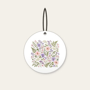 Pressed Posies and Ferns Ceramic Ornament in white: Pressed-flower posies and ferns in lilac, blush and sage arranged all over a cream ground.
