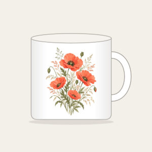 Poppies and Fine Grasses Illustration Mug in white: Poppies and fine grasses drawn in coral and olive on a cream ground.