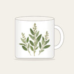 Three Pressed Sage Sprigs Mug in white: Three sage sprigs in cream and pale green with tiny dotted stems, like a page from a pressed-botanical album.