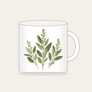 Three Pressed Sage Sprigs Mug in white: Three sage sprigs in cream and pale green with tiny dotted stems, like a page from a pressed-botanical album.