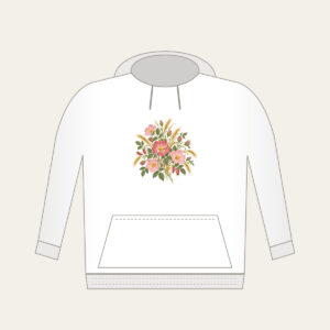 Prairie Roses and Wheat on Cream Hoodie in white: Prairie roses and wheat stalks in rose, gold and sage scatter across a cream ground.