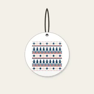Alpine Star and Pine Border Bands Ceramic Ornament in white: Bands of stars and pine trees in cream, rust and navy, repeating like an alpine border.