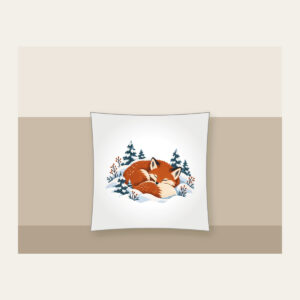 Sleeping Fox Among Snowy Pines Pillow in white: A fox curled asleep in a snowbank with tiny pines, in rust, cream and slate blue.