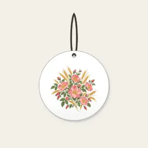Prairie Roses and Wheat Stalks Ceramic Ornament in white: All-over prairie roses and wheat stalks in rose, gold and sage.