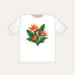 Bird of Paradise and Banana Leaves T-Shirt in white: Orange and magenta bird of paradise flowers with banana leaves stand on cream.