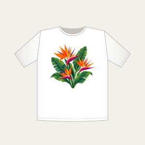 Bird of Paradise and Banana Leaves T-Shirt in white: Orange and magenta bird of paradise flowers with banana leaves stand on cream.