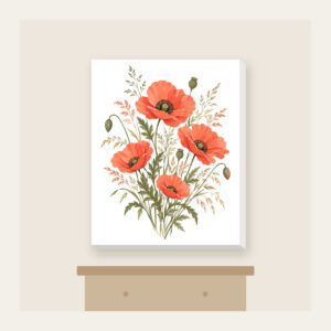 Poppies and Fine Grasses Illustration Canvas Print in white: Poppies and fine grasses drawn in coral and olive on a cream ground.