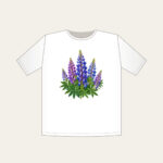 Wild Lupine Meadow Spires T-Shirt in white: Tall wild lupine flowers in violet and blue with green leaves.
