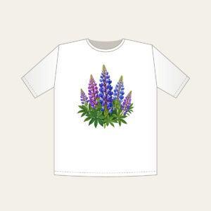 Wild Lupine Meadow Spires T-Shirt in white: Tall wild lupine flowers in violet and blue with green leaves.