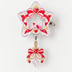 Star Window Shaker Badge Reel with a star-shaped top layer printed in red, pink and gold with a clear window showing tiny heart pieces inside