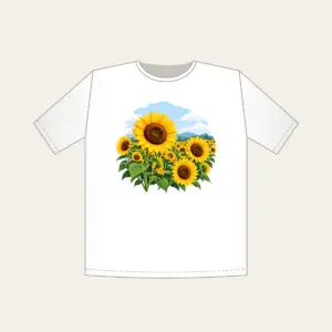 Sunflower Field Under a Pale Sky T-Shirt in white: A field of yellow and brown sunflowers beneath a pale blue sky.