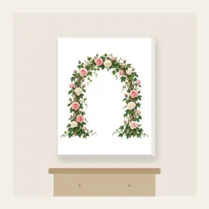 Rose and Ivy Garden Arch Canvas Print in white: An arch of climbing roses and ivy in blush, deep green and cream, leaving generous open space in the middle.