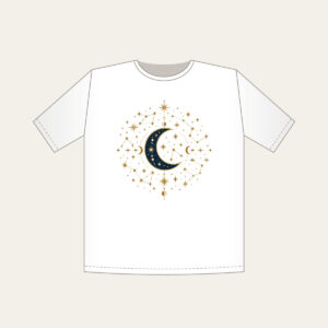 Gilded Constellations and Crescent Moons T-Shirt in white: Cream and gold constellations and crescent moons drift across a deep navy sky.
