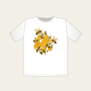 Honeycomb Grid with Bees and Clover T-Shirt in white: A hexagonal honeycomb grid with three small bees and tiny clover blossoms in gold and brown.